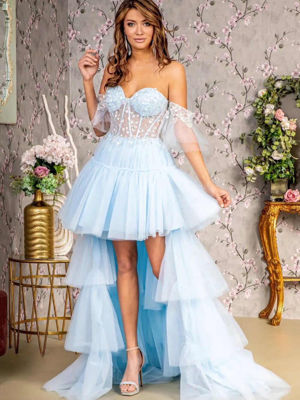 NEW BABY BLUE Mesh Prom Gown Floor Length Formal Elegant Stunning GL3396